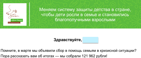 Начало письма с рассказом о том, кому и как помогли деньги, собранные с участием пожертвований клиента