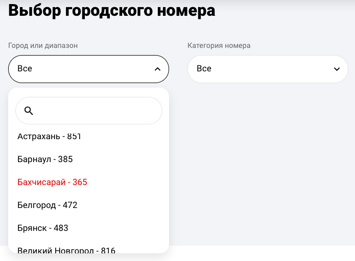 Выбор номера телефона с кодом города