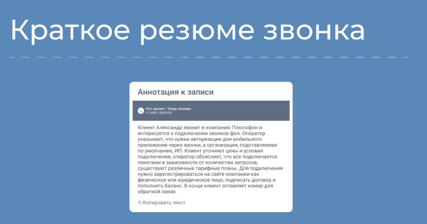 краткое резюме звонка