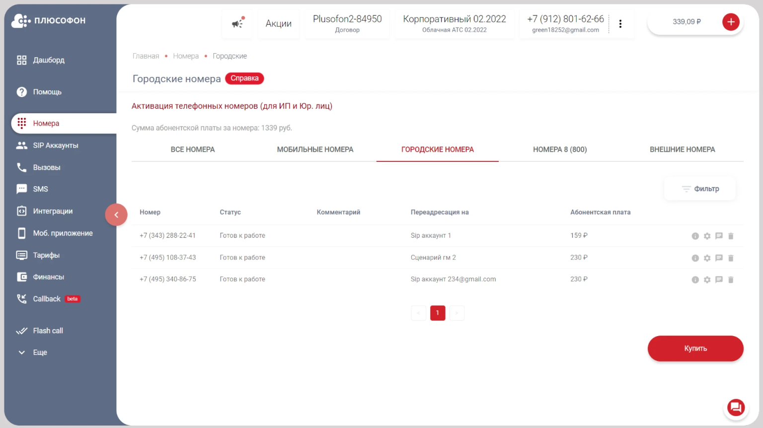 Управление телефонными номерами в личном кабинете «Плюсофон»