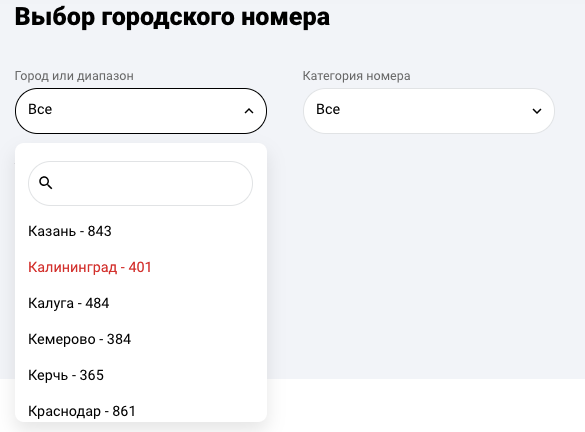 Выбор кода города городского номера