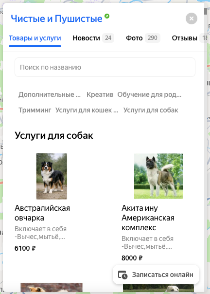 Пример карточки с товарами и услугами